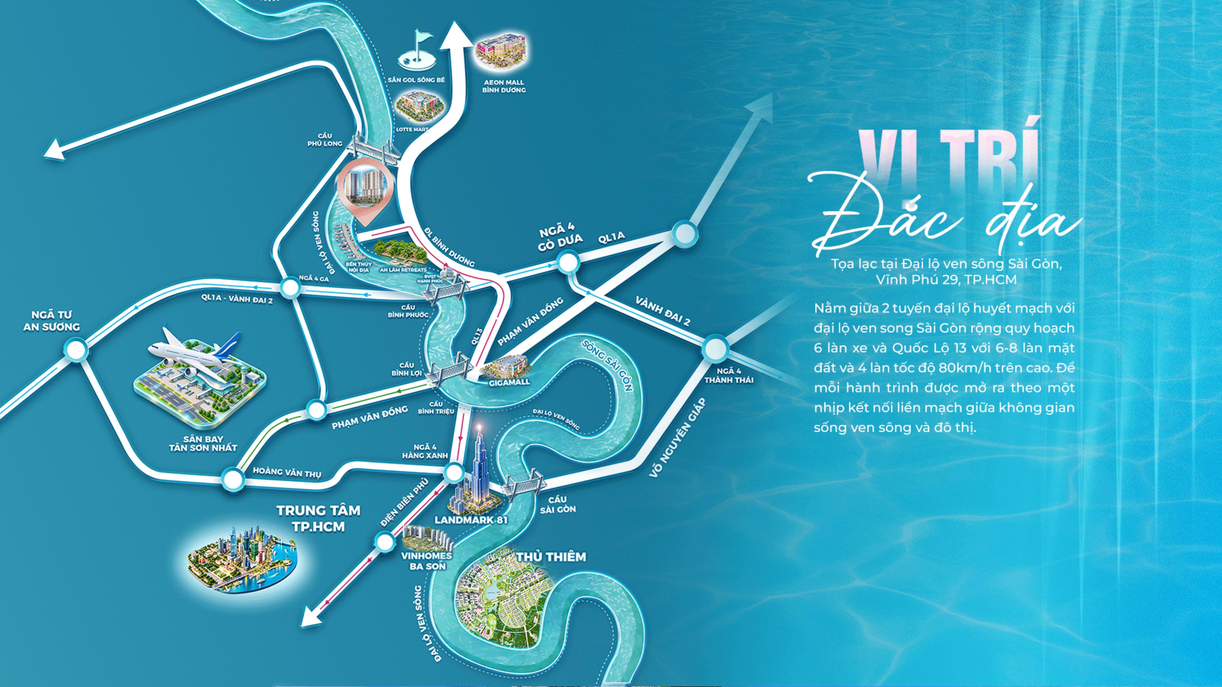 Bản đồ kết nối vùng Serena Riverside đến trung tâm TP.HCM, sân bay Tân Sơn Nhất, Landmark 81