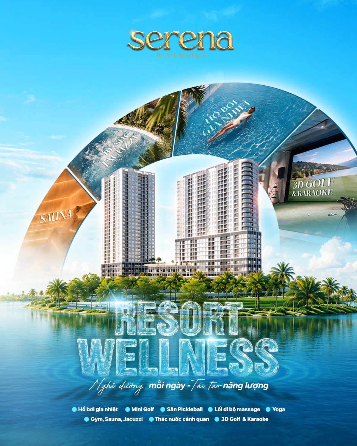 Serena Riverside Resort Wellness - tiện ích Hồ bơi gia nhiệt, Mini Golf, Sân Pickleball, Sauna, Jacuzzi, 3D Golf & Karaoke