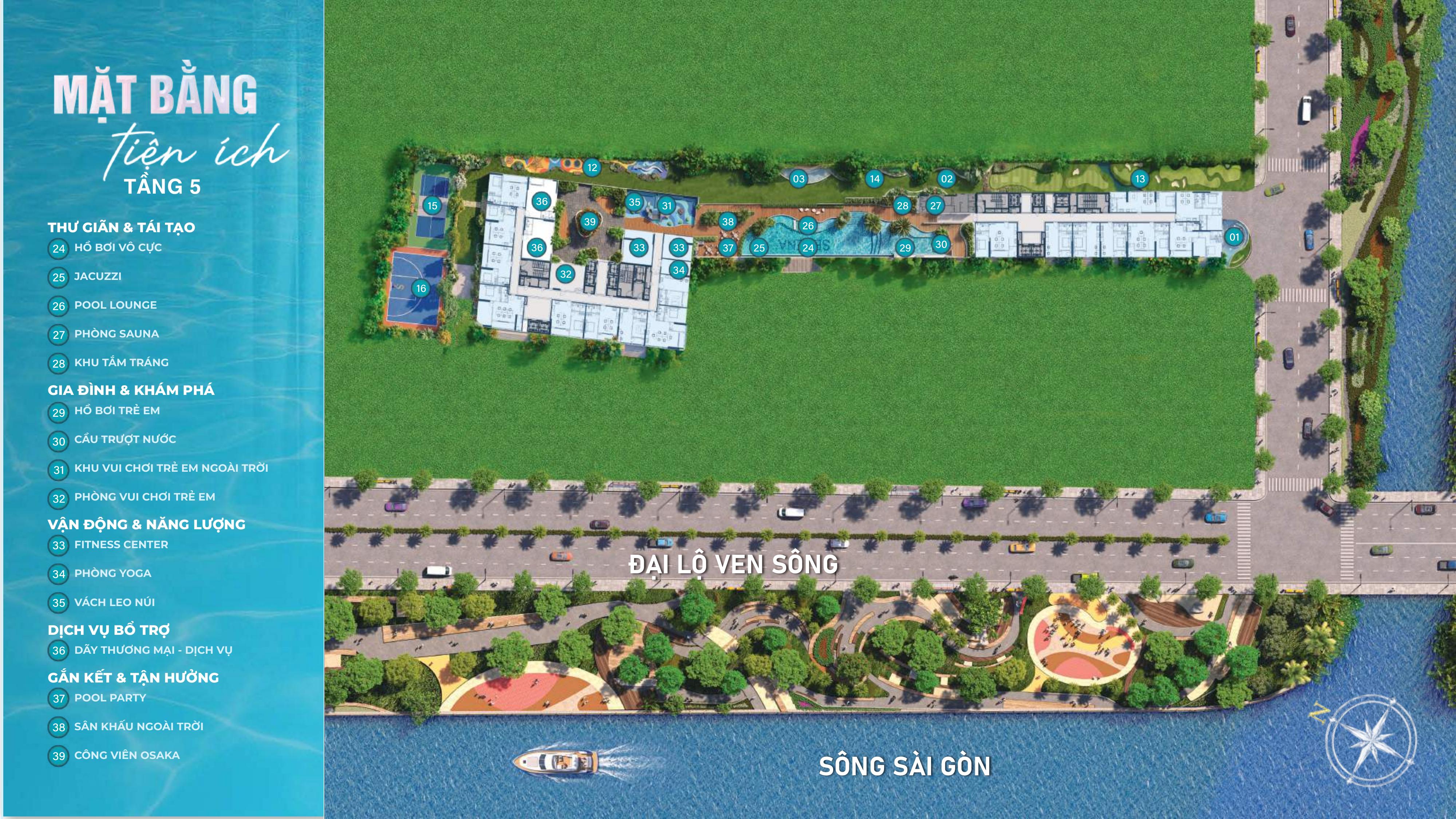 Mặt bằng tiện ích tầng 05 Serena Riverside - hồ bơi, Jacuzzi, Sauna, khu vui chơi trẻ em