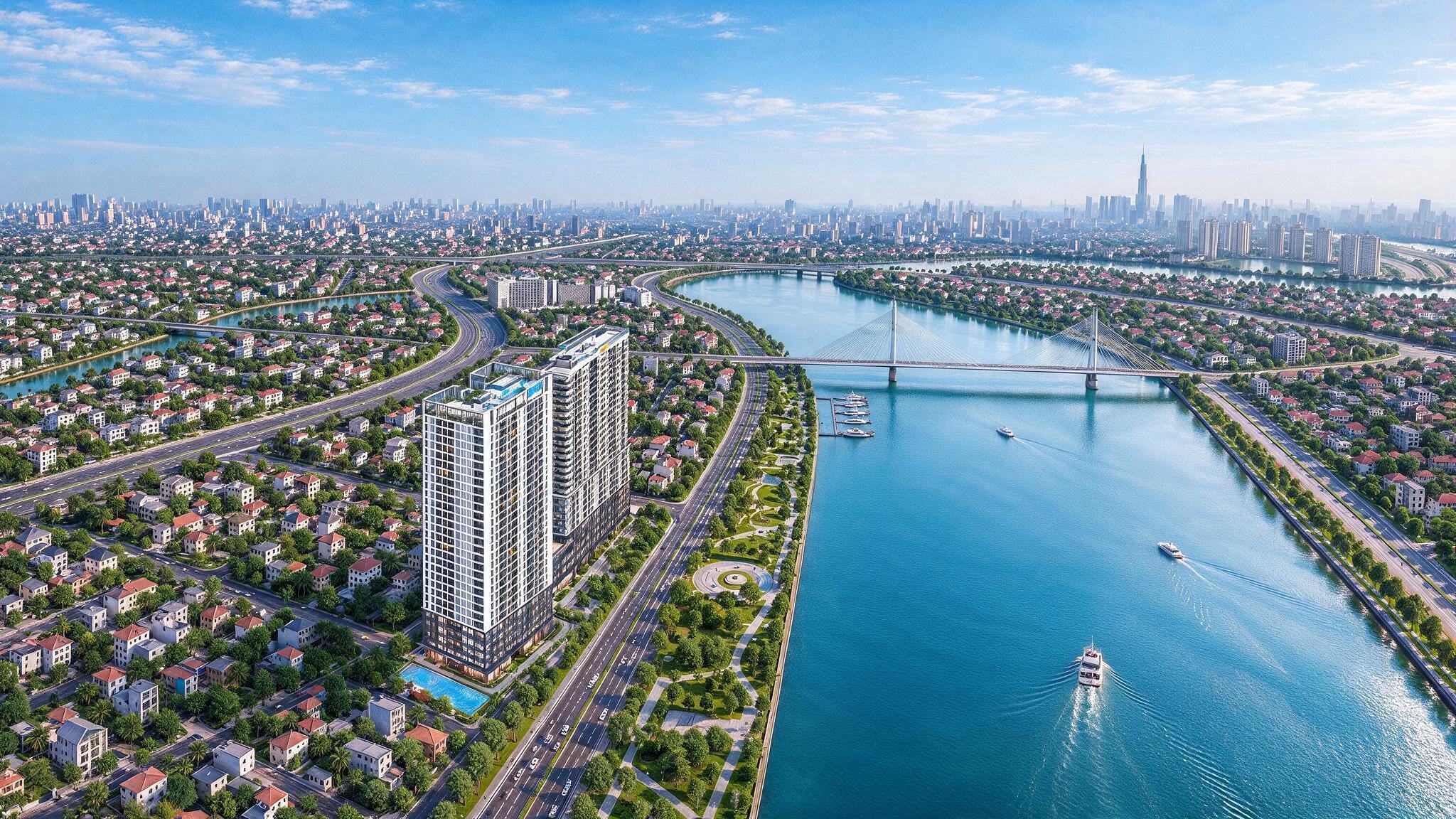 Serena Riverside nhìn từ trên cao hướng về trung tâm TP.HCM và Landmark 81