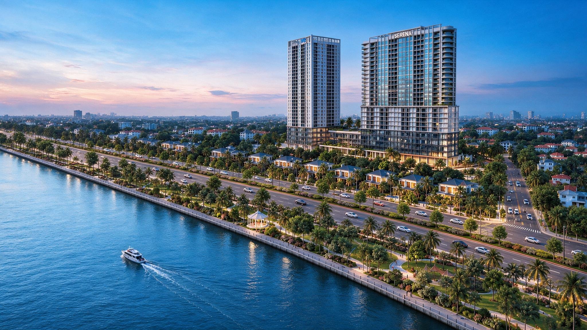 Phối cảnh dự án căn hộ Serena Riverside view sông Sài Gòn lúc hoàng hôn